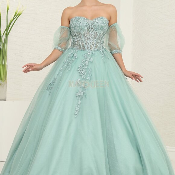 Green,blue,lilac purple,strapless beaded ball gown with detachable sleeves,prom - Picture 8 of 9